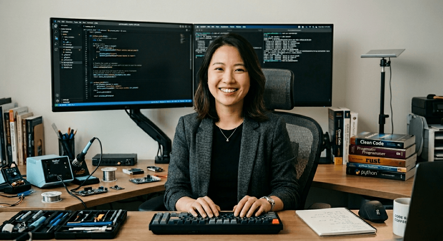 Sarah Chen recording at her desk